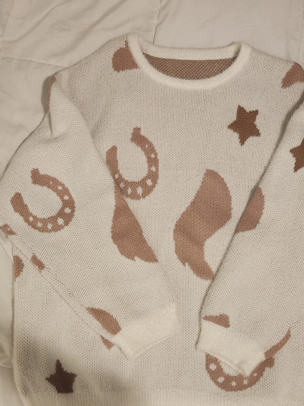 Women's Cream Knit Sweater with Tan Western Motif
